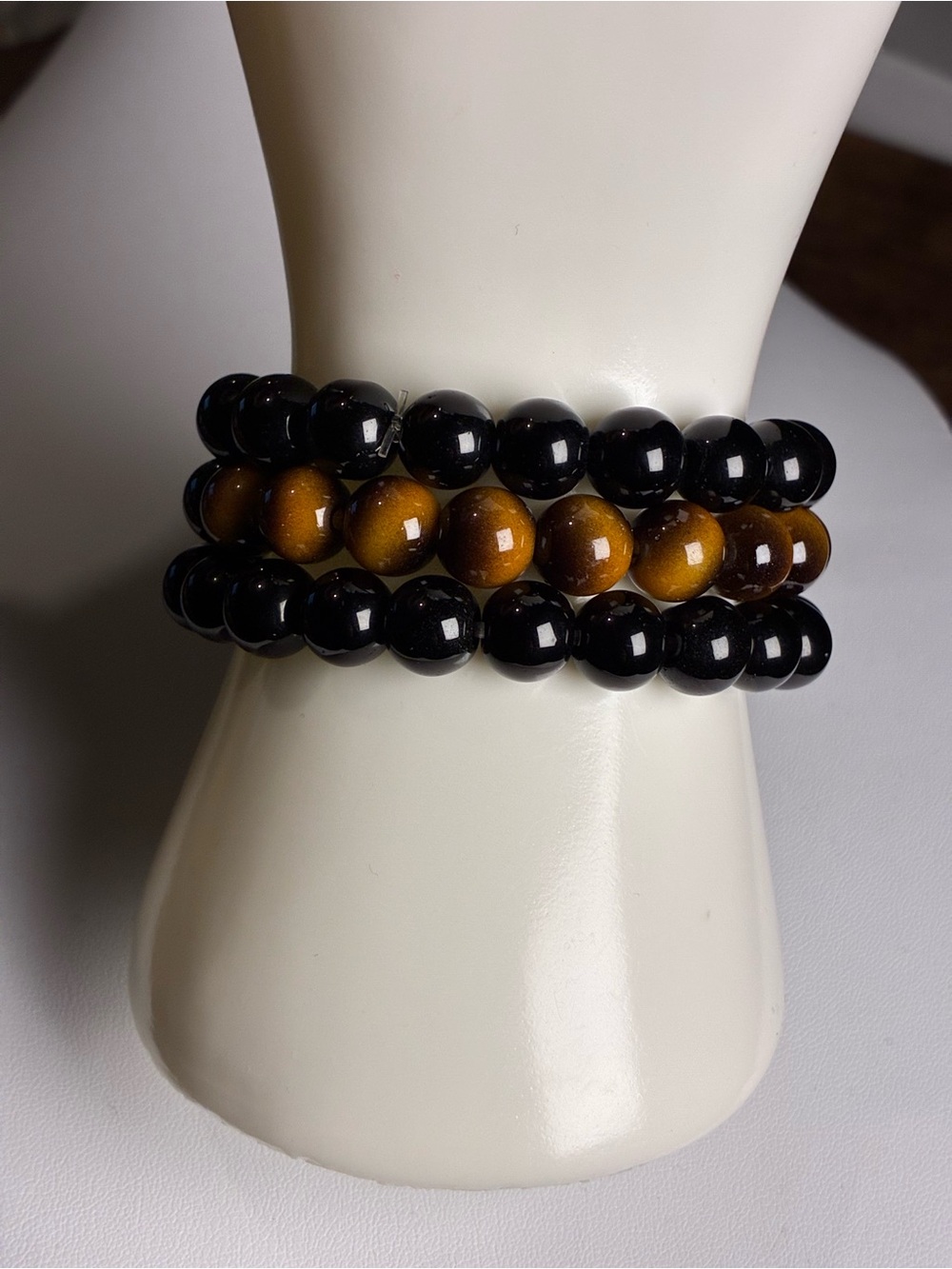 Black and Tiger Eye Beaded Stretch Bracelet Stack